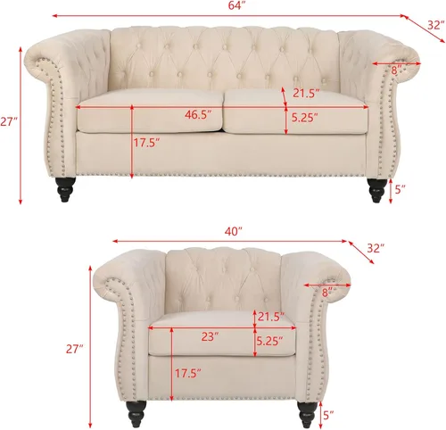 Vista 73 de RARZOE Juego de 3 piezas de muebles de sala de estar, sofá Chesterfield de terciopelo moderno, silla de club Chesterfield y sofá de dos plazas Mango