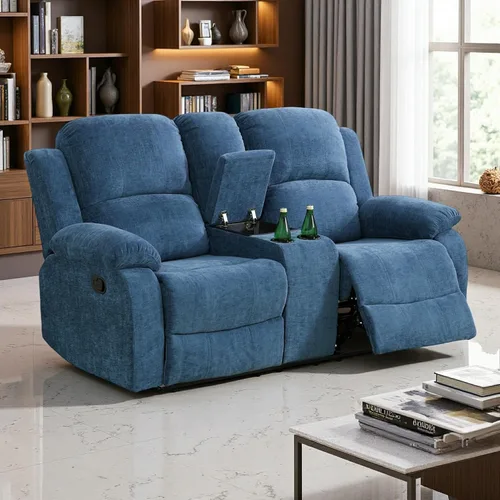 Vista 13 de Juego de Muebles para Sala de Estar, Juego de Sofá Reclinable Manual, Juegos de Sofás Reclinables de Cuero Beige con Mesa Desplegable, Sofá
