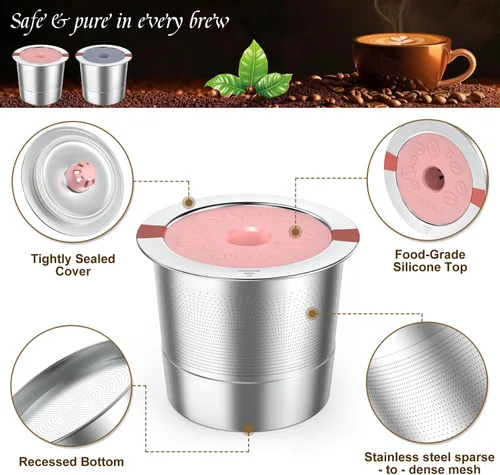 Vista 4 de Kcup - Cápsulas de café recargables: tazas K reutilizables de acero inoxidable para Keurig Metal K Cup - Filtro de café reutilizable rosa y gris