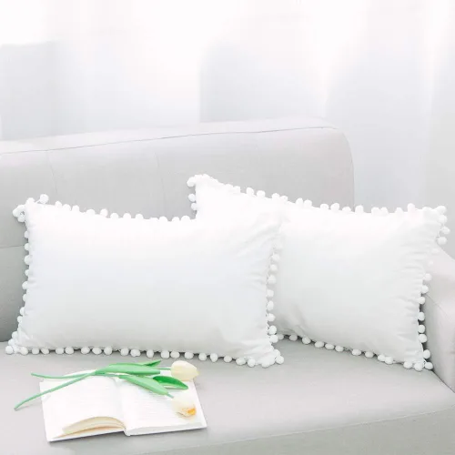 Vista 14 de Juego de 2 fundas para cojines decorativos de terciopelo sólido suave con borde de pompones