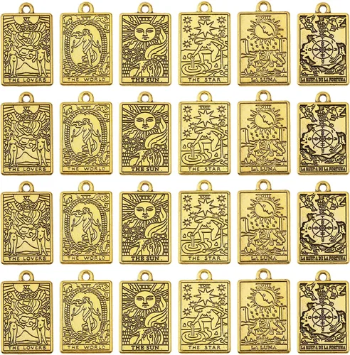 CHGCRAFT 24 dijes de cartas de tarot de 6 estilos rectangulares de aleación de zinc para manualidades, pulseras, aretes, collares, joyería
