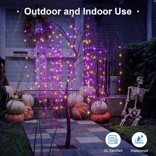 Vista 3 de Árbol de sauce iluminado de Halloween de 7 pies, 256 luces LED naranjas y moradas, sauce artificial llorón con 6 arañas, decoración