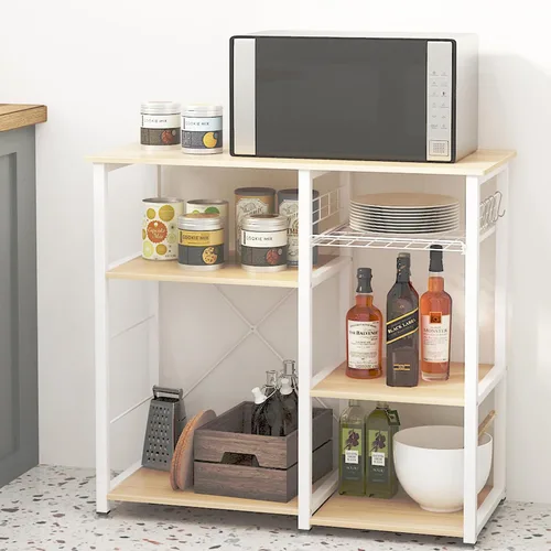 Vista 8 de SogesGame Estante de cocina para horno de microondas de 3 niveles, estante de almacenamiento con ganchos, estación de trabajo multifuncional