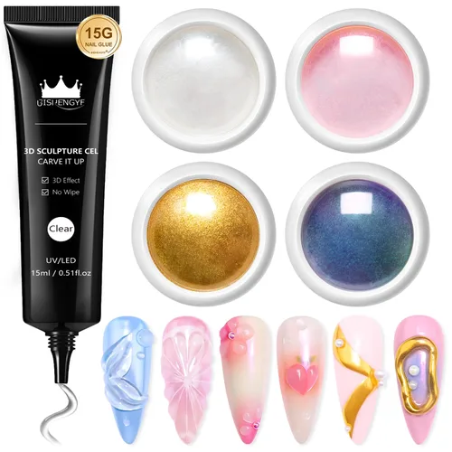 Vista 13 de Kit de polvo de uñas cromado y gel de uñas 3D BISHENGYF: 0.53 oz No Wipe 3D Sculpting Gel Aurora Rosa Blanco Perla Oro Cromo Polvo de uñas