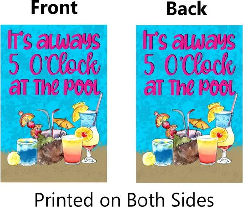 Vista 2 de Bandera de jardín de piscina de verano de 12 x 18 pulgadas, doble cara con texto en inglés "It's Always 5 O'clock at The Pool", banderas decorativas