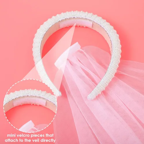 Vista 4 de Yolev Diadema de perlas con velo desmontable para boda, velo de novia, tocado de perlas blancas, decoración de despedida de soltera, regalo