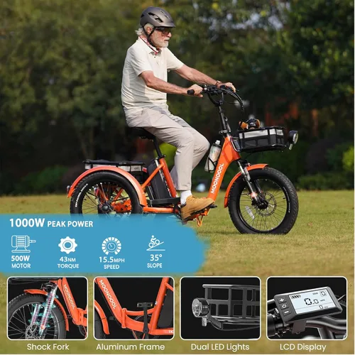 Vista 2 de MOONCOOL Foldable Electric Tricycle for Adults, 20" Aluminum Etrike Fat Tire, Peak 1000W 48V 15Ah Rear Differential, Front Suspension, 15.5MPH