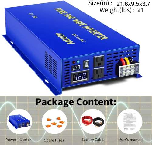 Vista 7 de Inversor de onda sinusoidal pura de 4000 W, 12 V CC a 120 V CA, inversor de corriente de 4000 W, sobretensión, convertidor de potencia de 8000 W