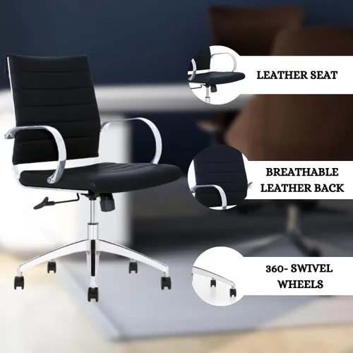 Vista 6 de Sillas de sala de conferencias acanaladas con respaldo medio, soporte lumbar, silla ejecutiva de estilo moderno para el hogar y la oficina, ruedas