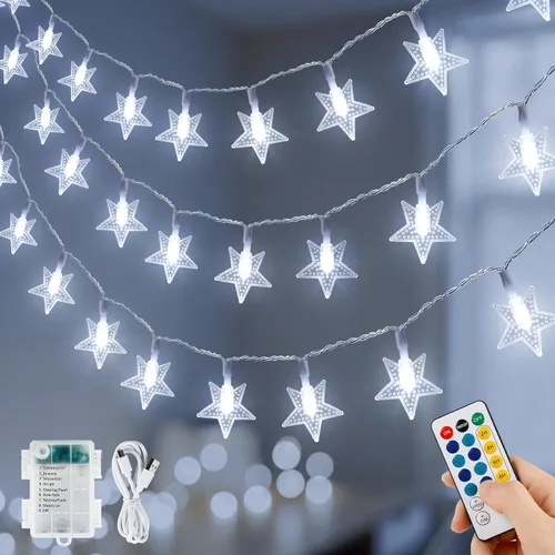 Vista 9 de HEYFUNi Guirnalda de luces de estrella con control remoto, 16 pies, 50 luces LED bonitas con USB y funciona con pilas, 8 modos y temporizador