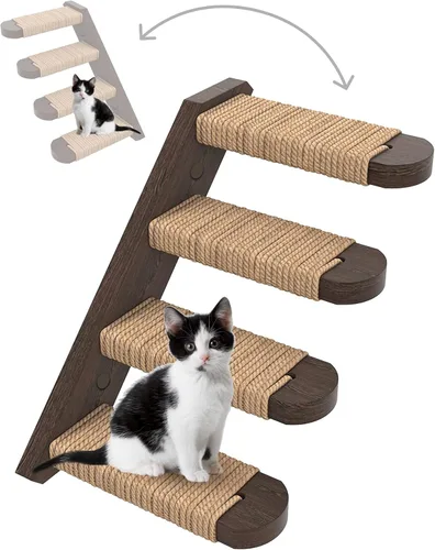 Vista 6 de Skywin Cat Steps - Escaleras de madera de goma maciza para gatos, ideales para arañar y escalar, fácil de instalar, estantes montados en la pared