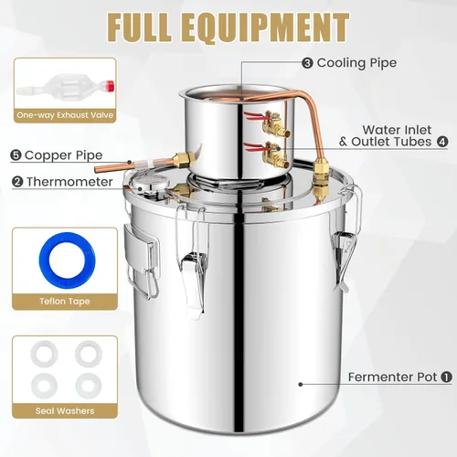 Vista 6 de COSTWAY Alcohol Still, kit de preparación casera de 5 galones con 2 ollas de acero inoxidable, tubos de cobre, termómetro integrado, destilador