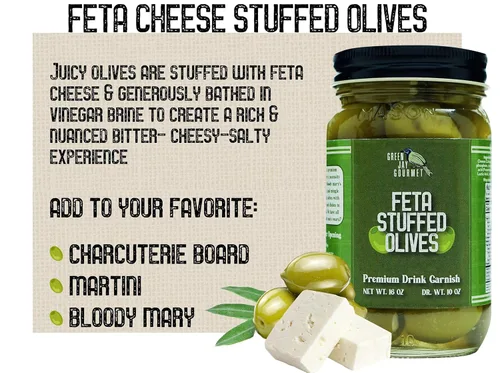 Vista 45 de Green Jay Gourmet Aceitunas Rellenas de Queso Jalapeño Jack – Aceitunas Verdes Rellenas de Queso para Guarnición de Cóctel y Tabla de Quesos