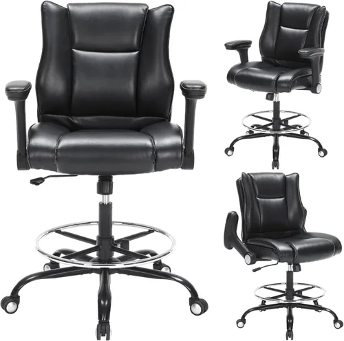 Silla de dibujo de oficina, silla de escritorio alta con reposabrazos ajustables y reposapiés, silla de escritorio de piel sintética con cojín de