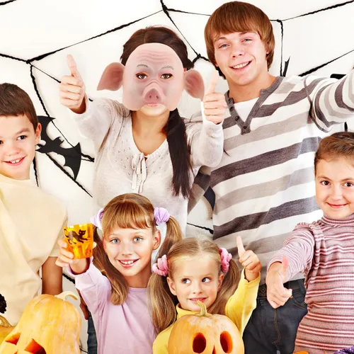 Vista 6 de Amosfun Máscara de cabeza de cerdo de Halloween, máscara facial de látex