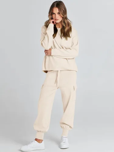 Vista 8 de Caracilia Conjunto de dos piezas para mujer, suéter de punto de manga larga y pantalones deportivos tipo cargo