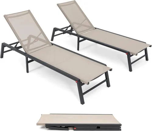 Chaise Lounge al aire libre, juego de 2 tumbonas de aluminio para exteriores, sin montaje, tumbona para patio, junto a la piscina, para tomar el