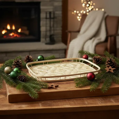 Vista 2 de PEMAR Juego de 4 bandejas de servir de mimbre de bambú para alimentos y bebidas, bandejas rectangulares para desayuno en la cama con asas, bandejas