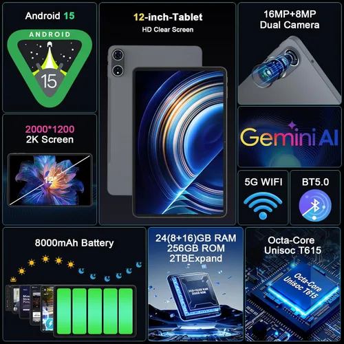 Vista 2 de Tablet 2026 de 12 pulgadas, tableta Android 15 con teclado - 24 GB de RAM, 256 GB de ROM, expansión de 2 TB, pantalla de 2000 x 1200, Octa-Core
