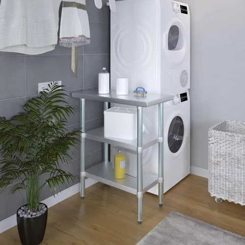 Vista 4 de Mesa de trabajo de acero inoxidable con 2 estantes Mesa de utilidad de metal Utilidad comercial y residencial NSF