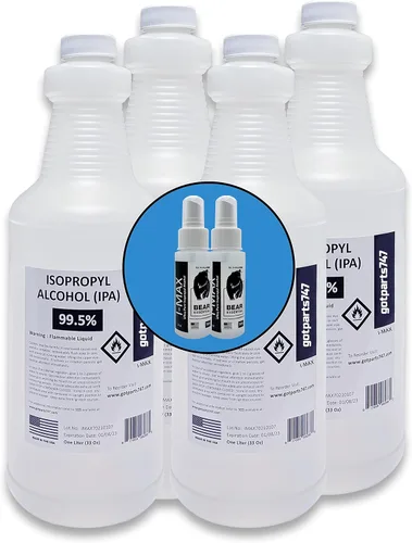Alcohol isopropílico 99.5 % (1 litro, 33.8 onzas, más de un cuarto de galón), caja de 4 unidades