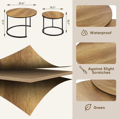 Vista 2 de Smuxee - Juego de 2 mesas de café anidadas, mesa de café redonda de 27.6" con tapa de grano de madera y patas ajustables antideslizantes, mesa