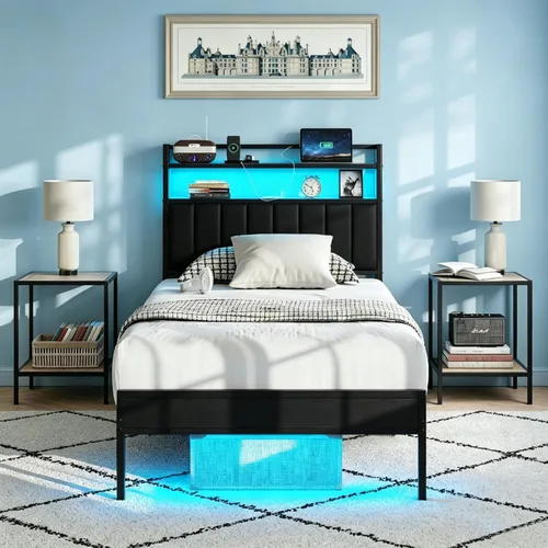 Vista 11 de Marco de cama tamaño twin con estación de carga y luces LED, marco de cama de metal con cabecero, cabecera tapizada negra con estantes