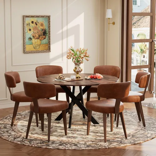 Vista 14 de Juego de mesa de comedor de madera para 2, mesa de cocina redonda de 36 pulgadas con 2 sillas de comedor Boucle, mesa de MDF con patas de metal