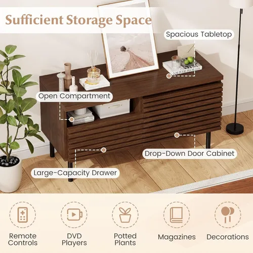 Vista 7 de Giantex Mid Century Modern TV Stand for 40 Inch TV, Fluted Entertainment Center with Cabinet, Drawer, Open Compartment, Small Media Console Table