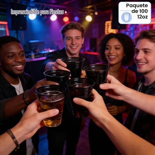Vista 6 de Paquete de 100 vasos de plástico negros de 12 onzas, tazas de fiesta negras, copas de vino desechables transparentes para cumpleaños, picnics