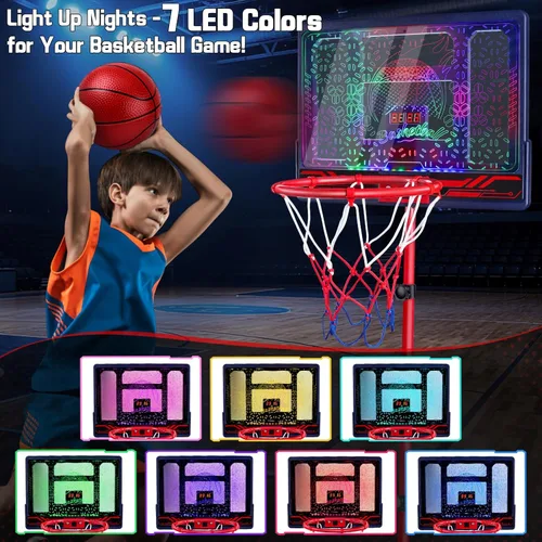 Vista 2 de Aro de baloncesto para niños de 3, 4, 5, 6, 7, 8 años, portería de baloncesto electrónico con soporte ajustable, 7 luces LED y marcador, juguete