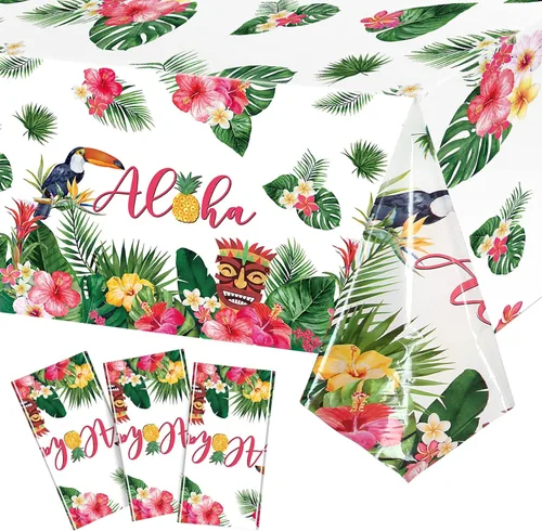 Juego de 3 manteles rectangulares de plástico Luau Hawaiian | 108x54 in for Luau Party, Tropical Palm Leaves Hibiscus Print, Disposable Cover for