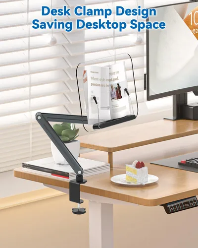 Vista 3 de Soporte con abrazadera para escritorio de acrílico para libros de lectura, diseño ergonómico, altura ajustable hasta 20 pulgadas con bases