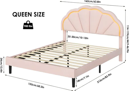 Vista 11 de HIFIT Marco de cama LED inteligente tapizado completo con cabecera ajustable de pétalos elegantes, marcos de cama de plataforma
