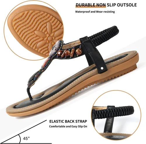 Vista 4 de SHIBEVER - Sandalias planas de verano para mujer, cómodas, informales, de playa, estilo bohemio, con cuentas