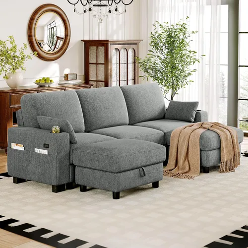Vista 25 de Vipbear Sofá modular seccional, sofá de chenilla cómodo en forma de L de Marfil