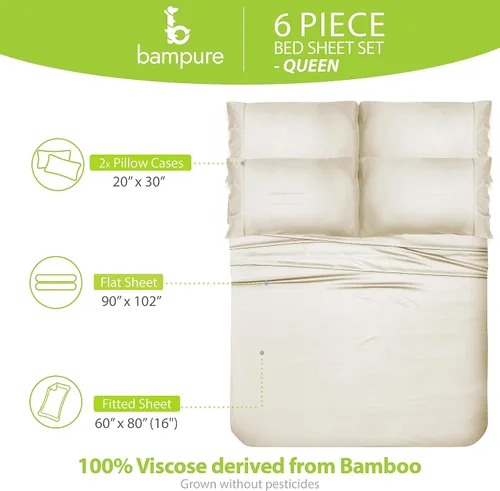 Vista 4 de BAMPURE Juego de sábanas de bambú 100% orgánico certificado de 6 piezas, con bolsillo profundo de hasta 16", 1 sábana encimera, 1 sábana bajera, 4