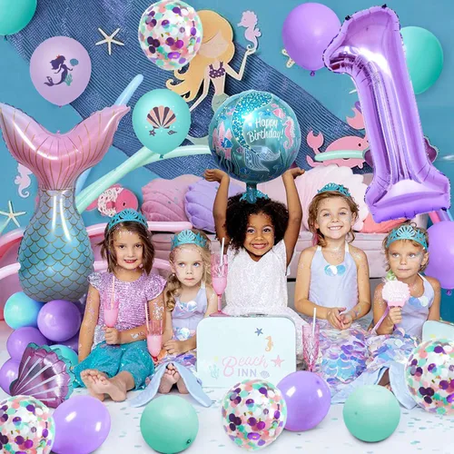 Vista 3 de Globo morado número 1 de 40 pulgadas, globo gigante grande del número 1, globos de sirena de primer cumpleaños, suministros de decoración