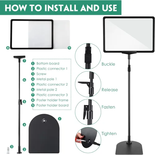 Vista 4 de Wesiti Paquete de 12 soportes ajustables para pósteres, soporte de pie para publicidad, soporte de menú de negocios, vertical y horizontal, negro