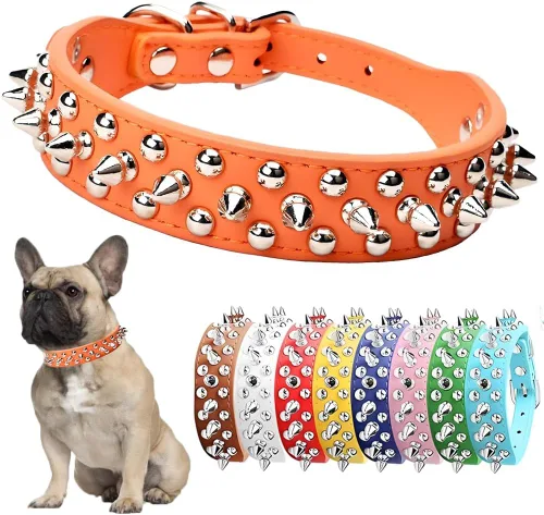 Vista 13 de Collar de perro con púas para perros pequeños, a prueba de masticación, collar de púas para perros y gatos, de piel sintética, con remaches