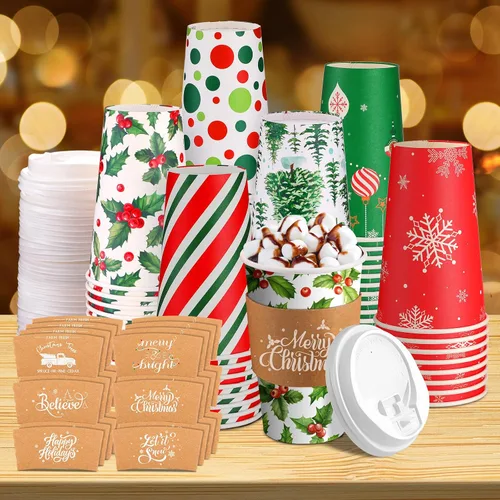 36 juegos/108 vasos de papel de Navidad de 16 onzas desechables de Navidad para llevar, tazas de café con tapas y mangas, taza de café de cacao