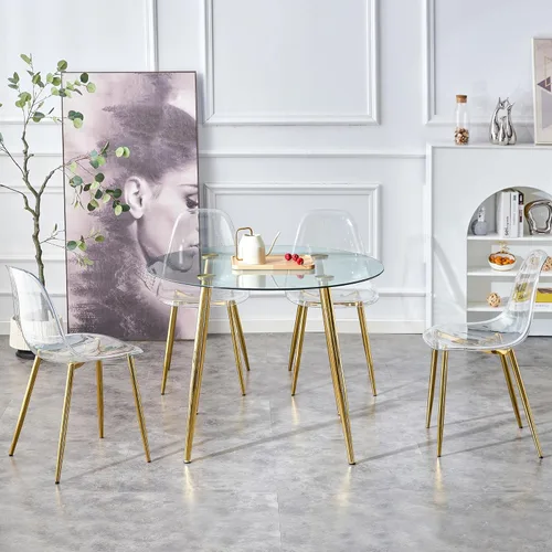 Vista 5 de Juego de 4 mesas de comedor redondas doradas de cristal para 4, mesa de cocina moderna y sillas de comedor, una pequeña mesa redonda circular