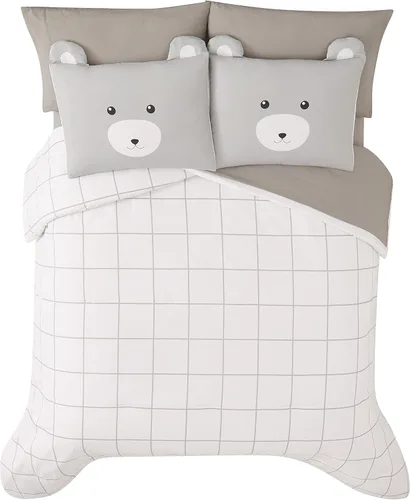 Vista 4 de My World Bear Hug Collection, 5 piezas de cama en una bolsa, individual, gris/blanco