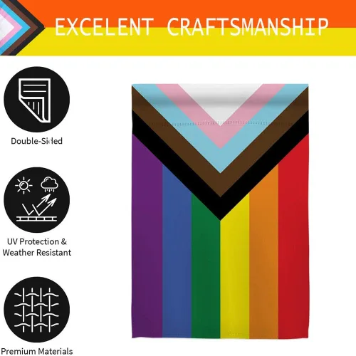 Vista 3 de Progress Pride - Banderas de jardín arcoíris – Bandera pequeña de progreso inclusivo de 12.5 x 18 pulgadas para lesbianas y transgénero LGBTQ