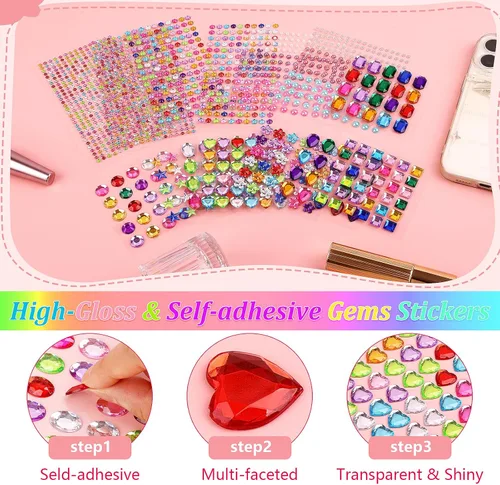 Vista 3 de 1782 calcomanías de gemas, gemas autoadhesivas para manualidades, diamantes de imitación brillantes, calcomanías de joyas de formas surtidas