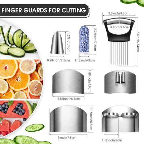 Vista 2 de CHENGU 9 Piezas Protector de Dedos para Cortar Vegetales, Protector de Acero Inoxidable, Cuchillo, Peladores de Pulgar, Soporte para Cebolla