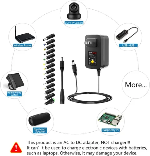 Vista 6 de SHNITPWR 30W Fuente de alimentación universal 3V 4.5V 5V 6V 7.5V 9V 12V Adaptador variable ajustable AC/DC con puerto USB de 5V 2.1A, convertidor