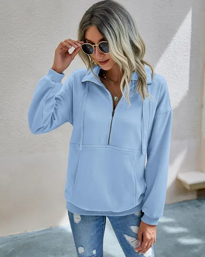 Vista 3 de PRETTYGARDEN Sudadera de mujer casual de manga larga con cremallera de solapa, sudadera con cordón holgada de estilo túnica