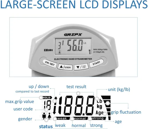 Vista 7 de GRIPX Dinamómetro de mano digital medidor de fuerza de agarre Auto captura electrónica de poder de agarre manual 198 libras / 90 kilogramos