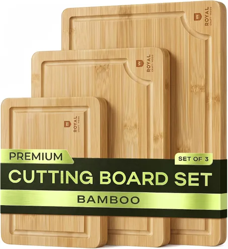 Vista 22 de ROYAL CRAFT WOOD Tablas de cortar de madera para preparar comidas de cocina y servir – Juego de tablas de cortar de bambú no tóxicas con asas Marrón